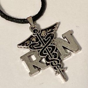 Silver RN Caduceus Nursing Necklace 22" Nurse Graduation Gift Plated Mens Womens